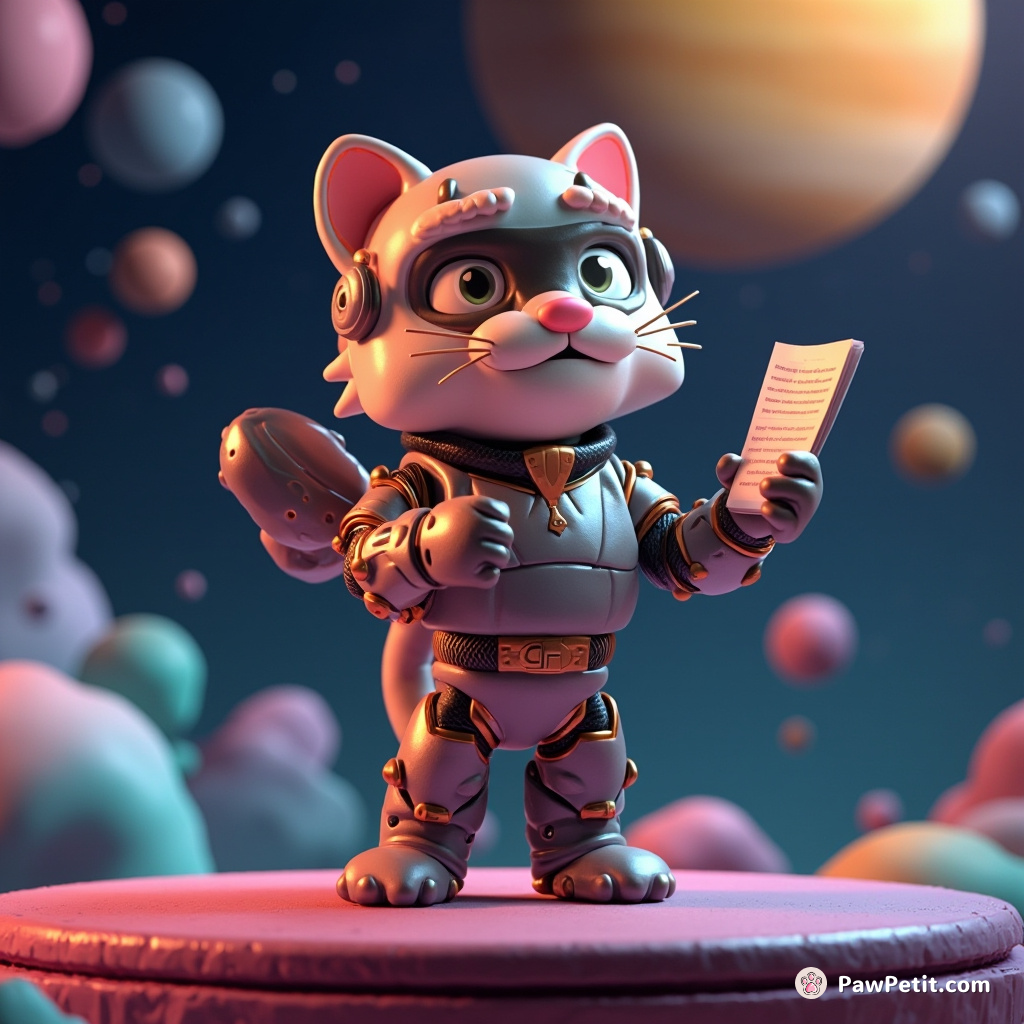 A cyborg cat performing a Shakespearean monologue on a floating stage in space.