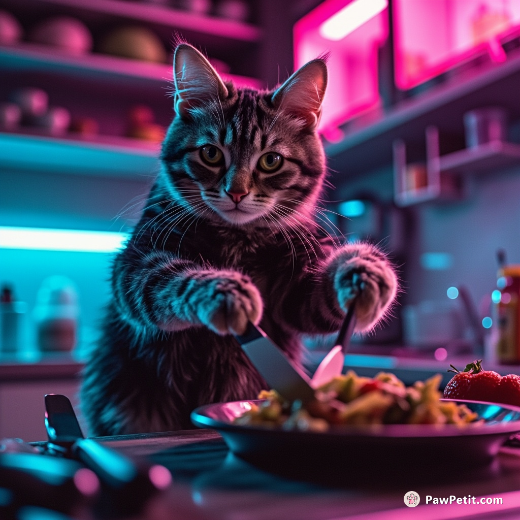 The cat confidently attempts to prepare a gourmet meal, deftly handling kitchen utensils with its paws and tail.