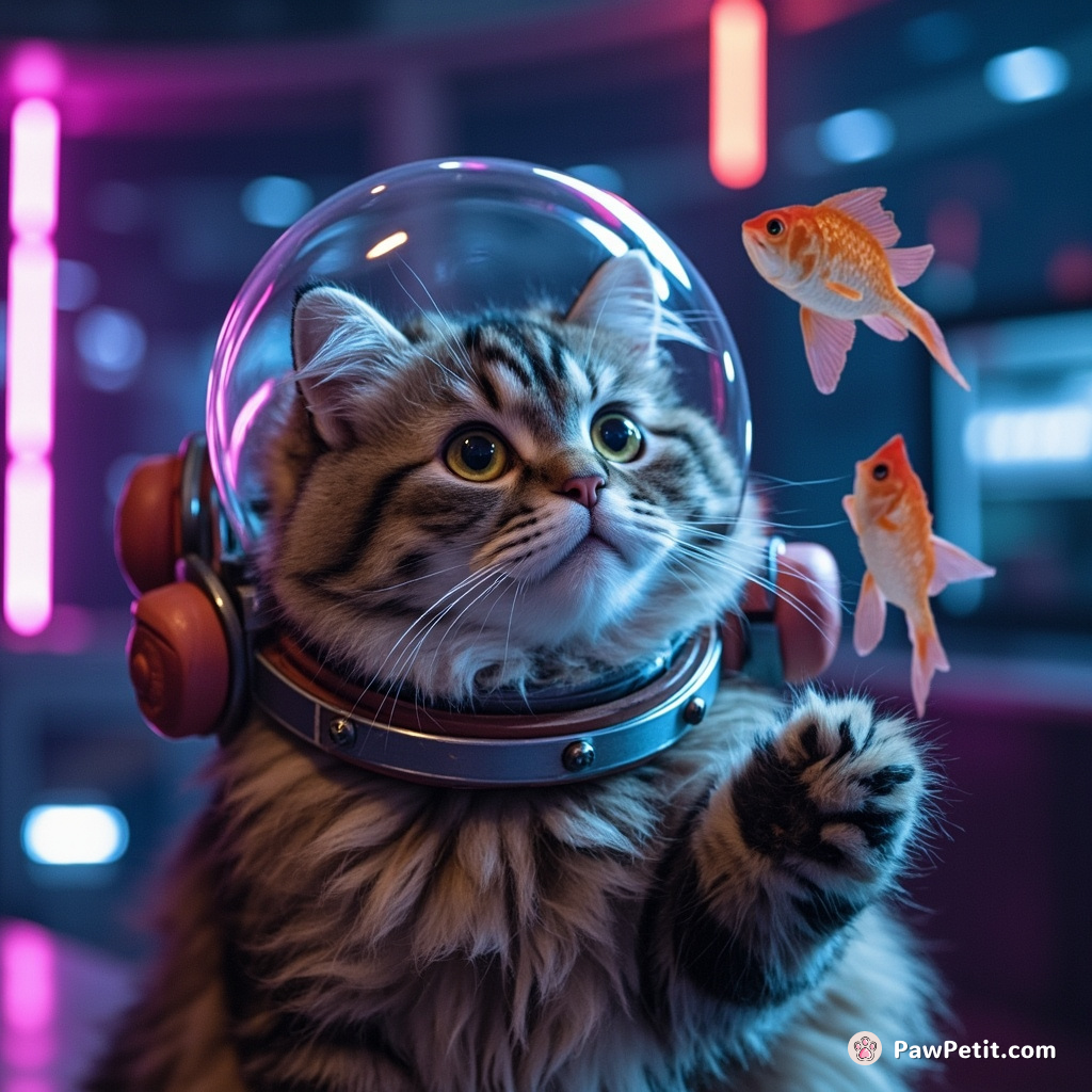A cat dressing up as an alien, doing a magical levitation trick with fish in a neon-lit starship lounge.