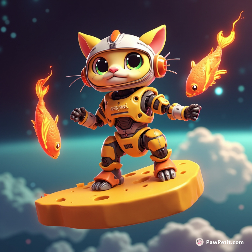 Cyborg cat juggling flaming fish on a floating piece of cheese in outer space.