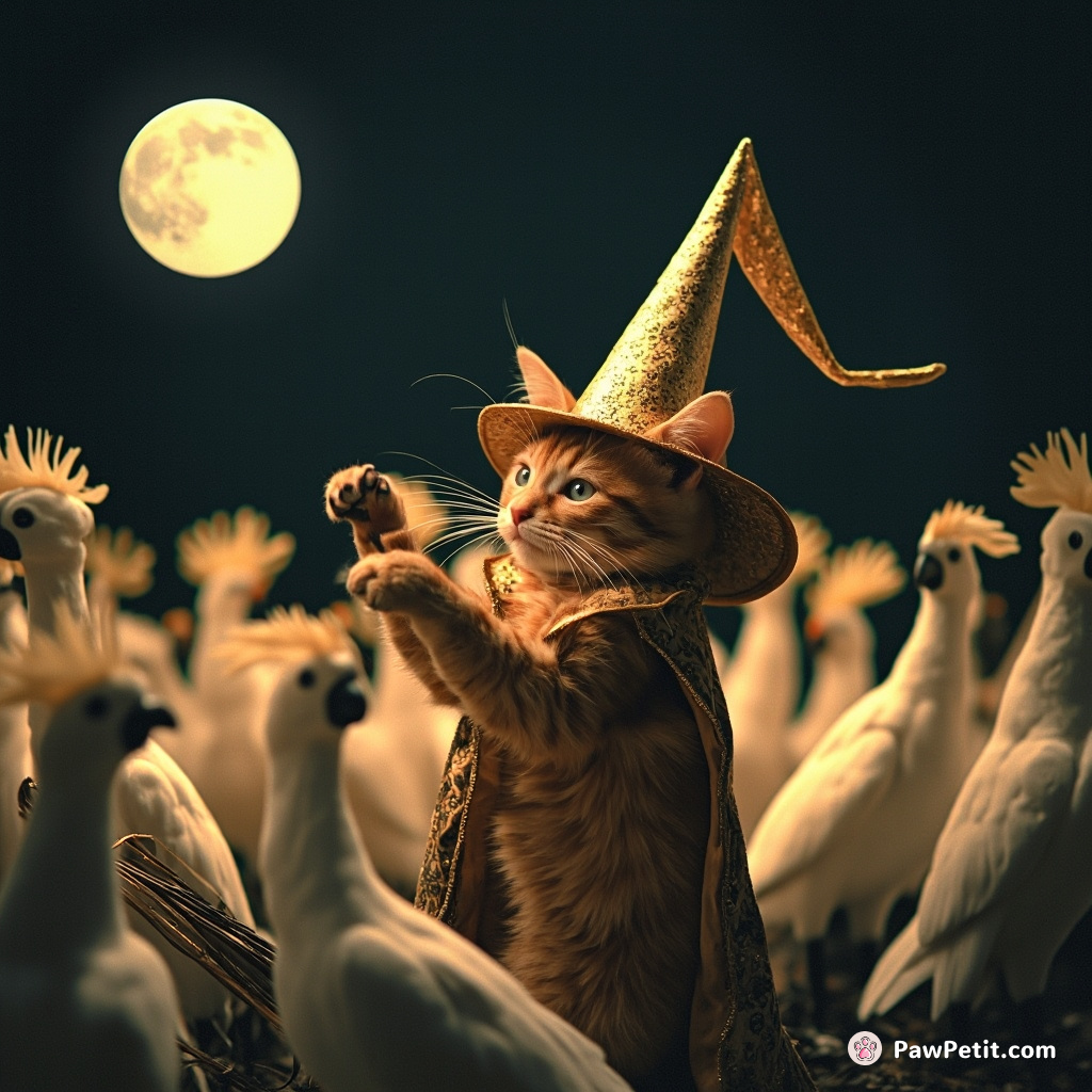A ginger cat conducting a symphony orchestra comprised of cockatoos, wearing a towering wizard's hat lit by the moonlight.