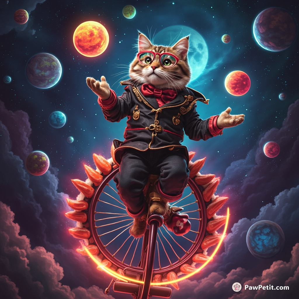 A cat juggling neon planets in a steam punk circus while riding a unicycle made of sushi.
