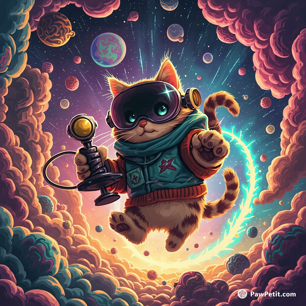 A tabby deftly twirls a joystick, maneuvering psychedelic contraptions while teleporting through interdimensional rifts.