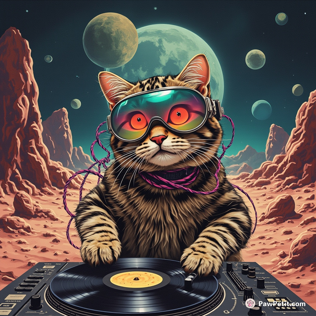 A psychedelic-goggles-wearing cat DJing on a cheese record at an underwater disco in Mars.