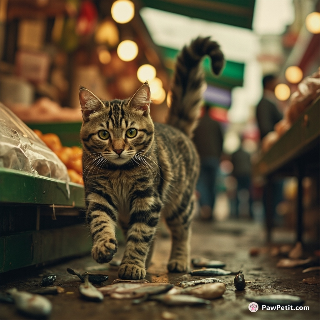 In a bustling farmer's market, a tabby cat scandalously snatches fish from a stall, its tail ripples triumphantly in retreat.