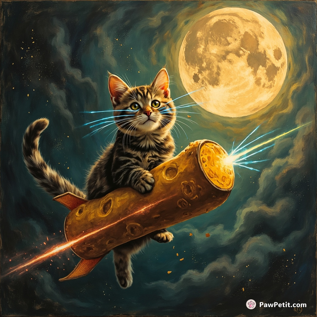 Cyberpunk cat with LED whiskers teleporting to cheese moon using garlic breadspaceship.