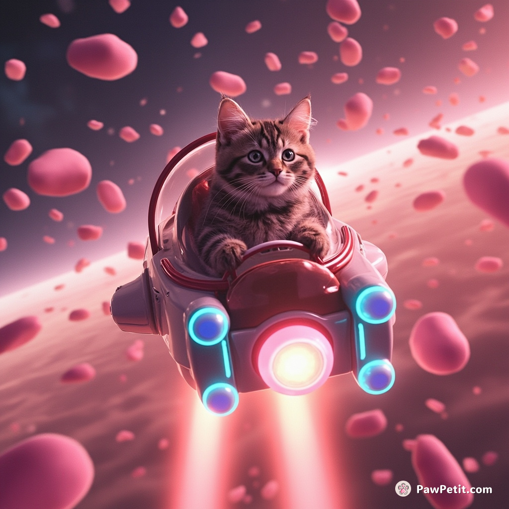 A cat piloting a neon marshmallow spaceship in a candy galaxy, evading swarms of ideograms.