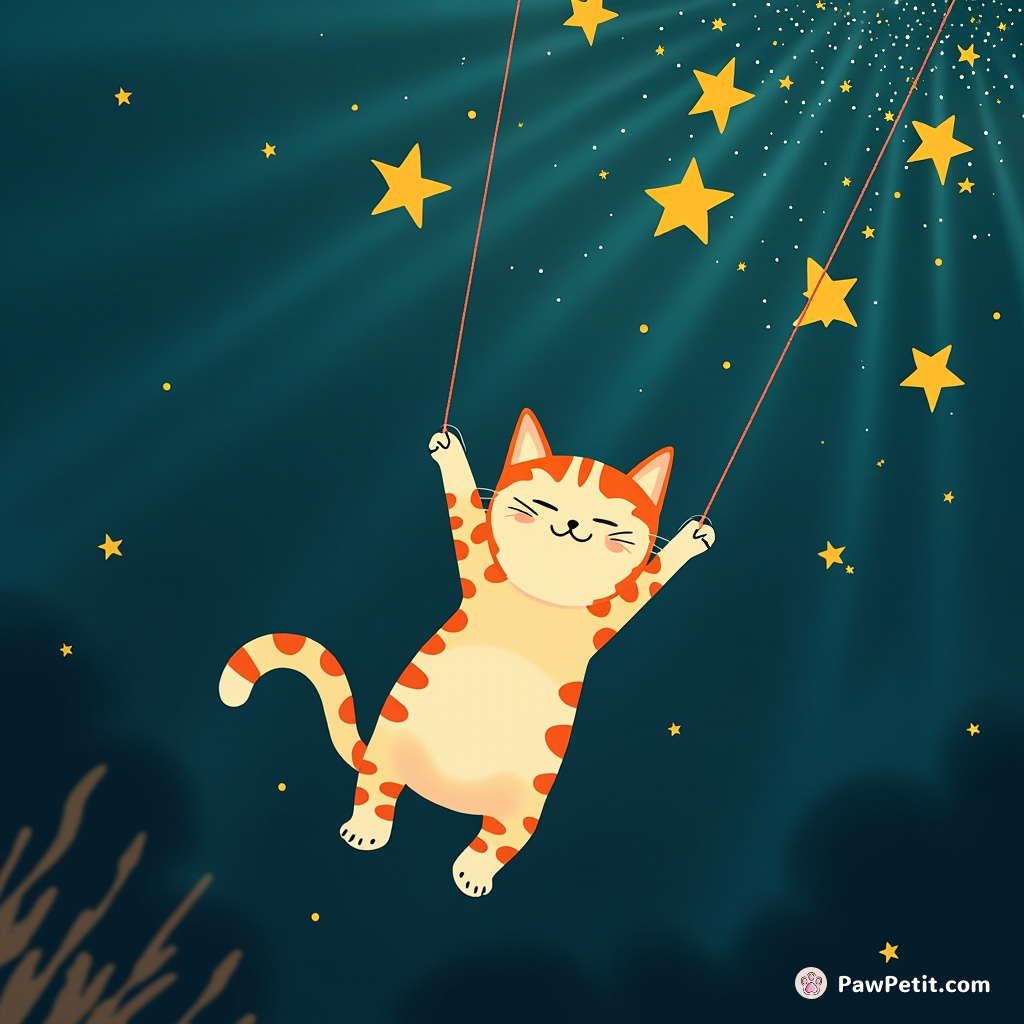 Cat swinging on a necklace of stars in an underwater disco.