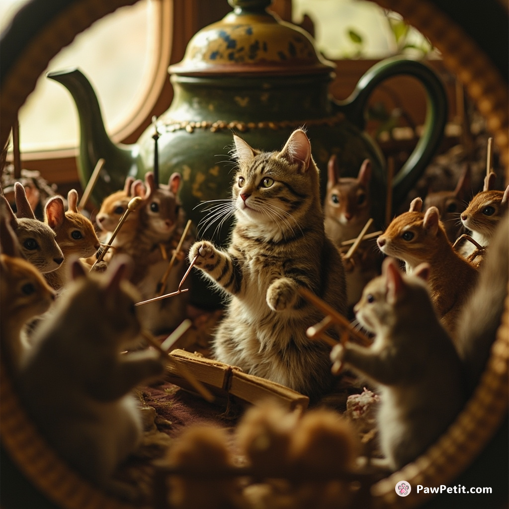 Cat conducting a symphony orchestra of squirrels in a cosy teapot-shaped house