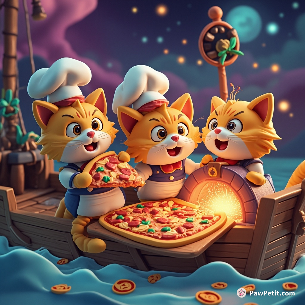 A three-headed cat pizza chef flipping cosmos-inspired slices into a galaxy oven inside a floating pirate ship.