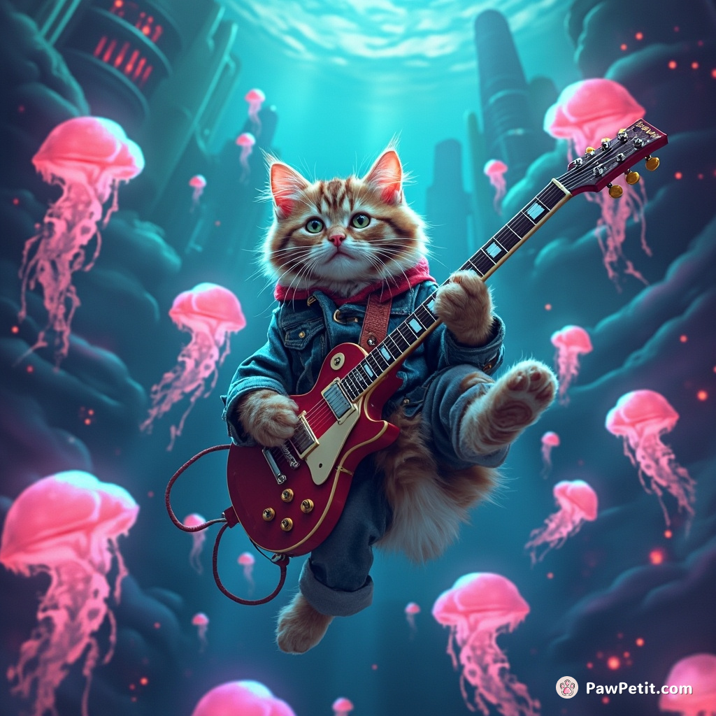 A cat performing a rock concert on a flying electric guitar among floating neon jellyfish in an underwater city.