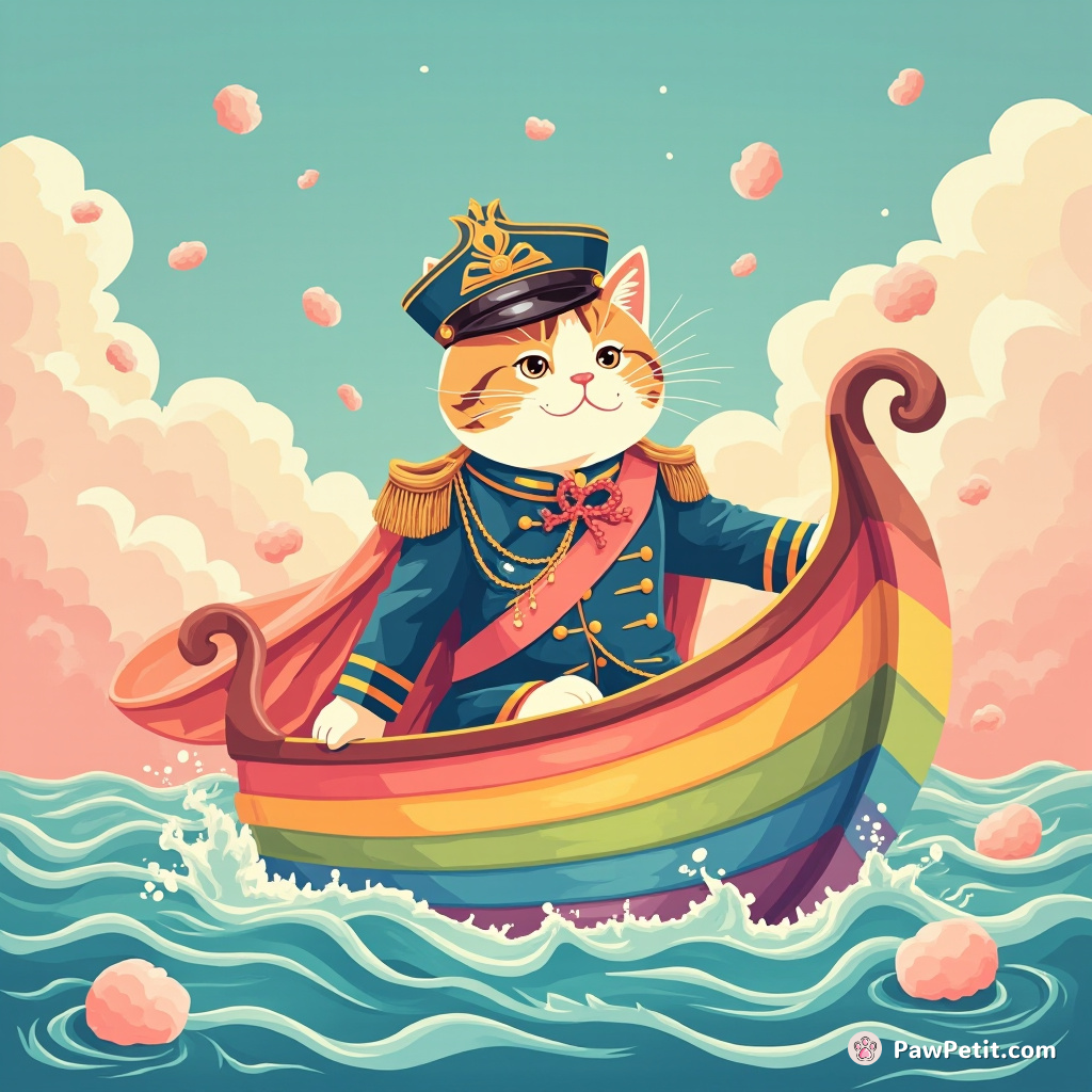 A regal cat wearing a flamboyant admiral's uniform, sailing a rainbow galleon across an ocean of liquid cotton candy under a jelly bean sky.