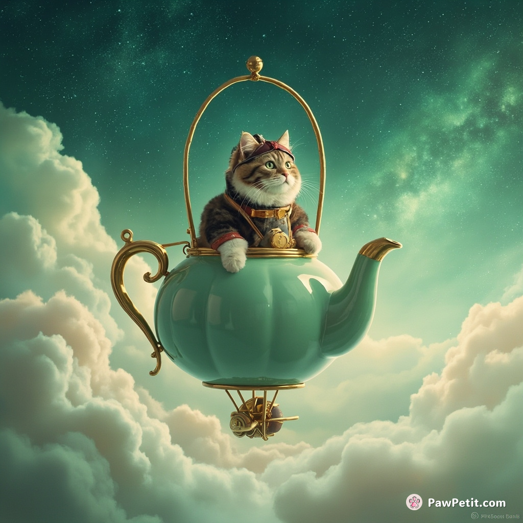 Steampunk cat piloting a giant teapot-shaped airship through cotton candy clouds in a starlit mint-flavored cosmos.