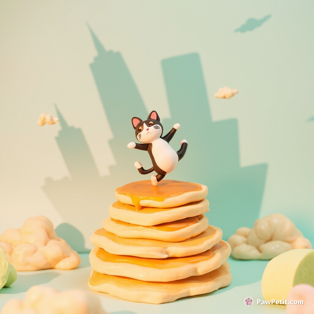 A breakdancing cat casting a giant skyscraper shadow on pastel colored pancakes.