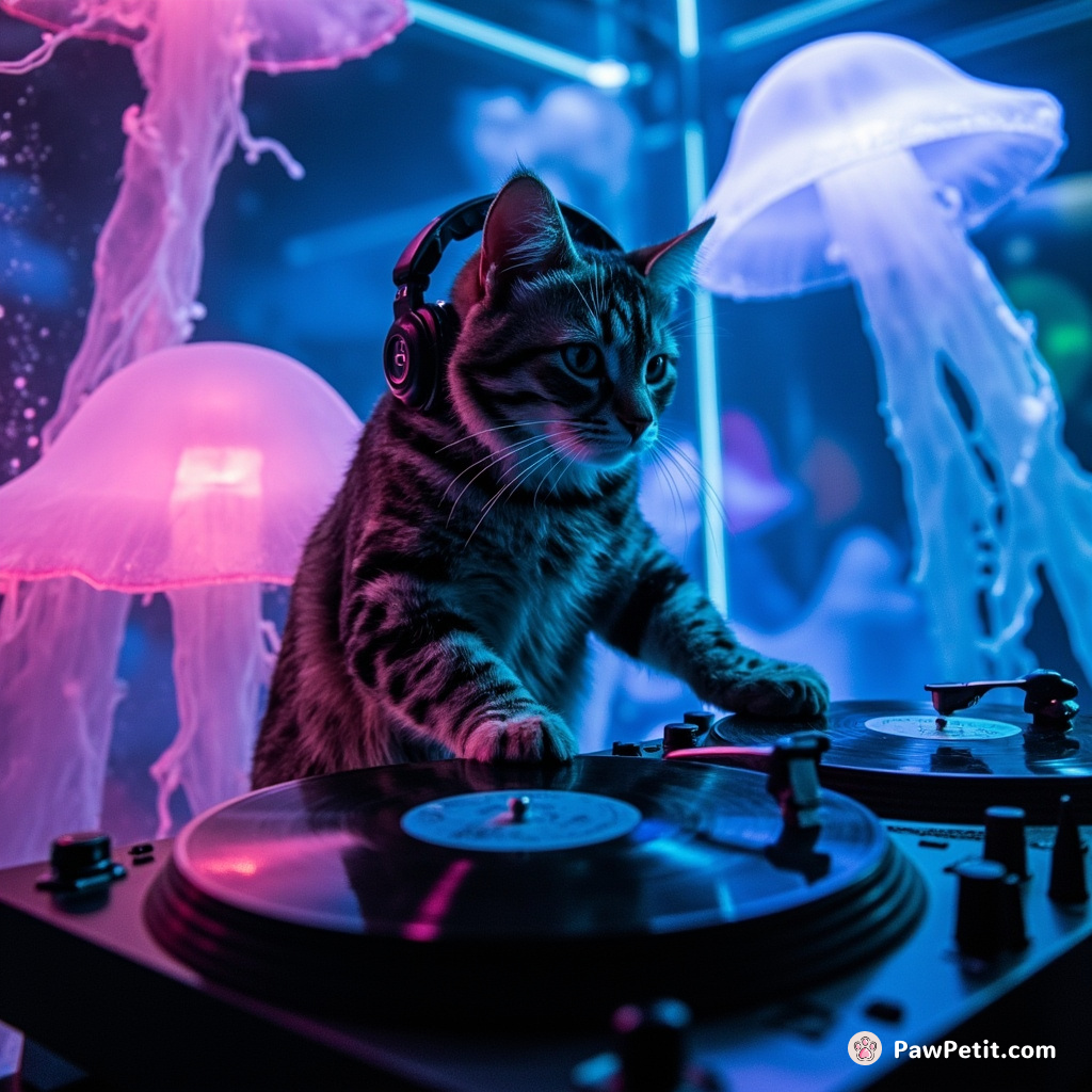 A cyberpunk cat DJ scratching vinyl records with oversized turntable controllers submerged in a neon jelly aquarium.