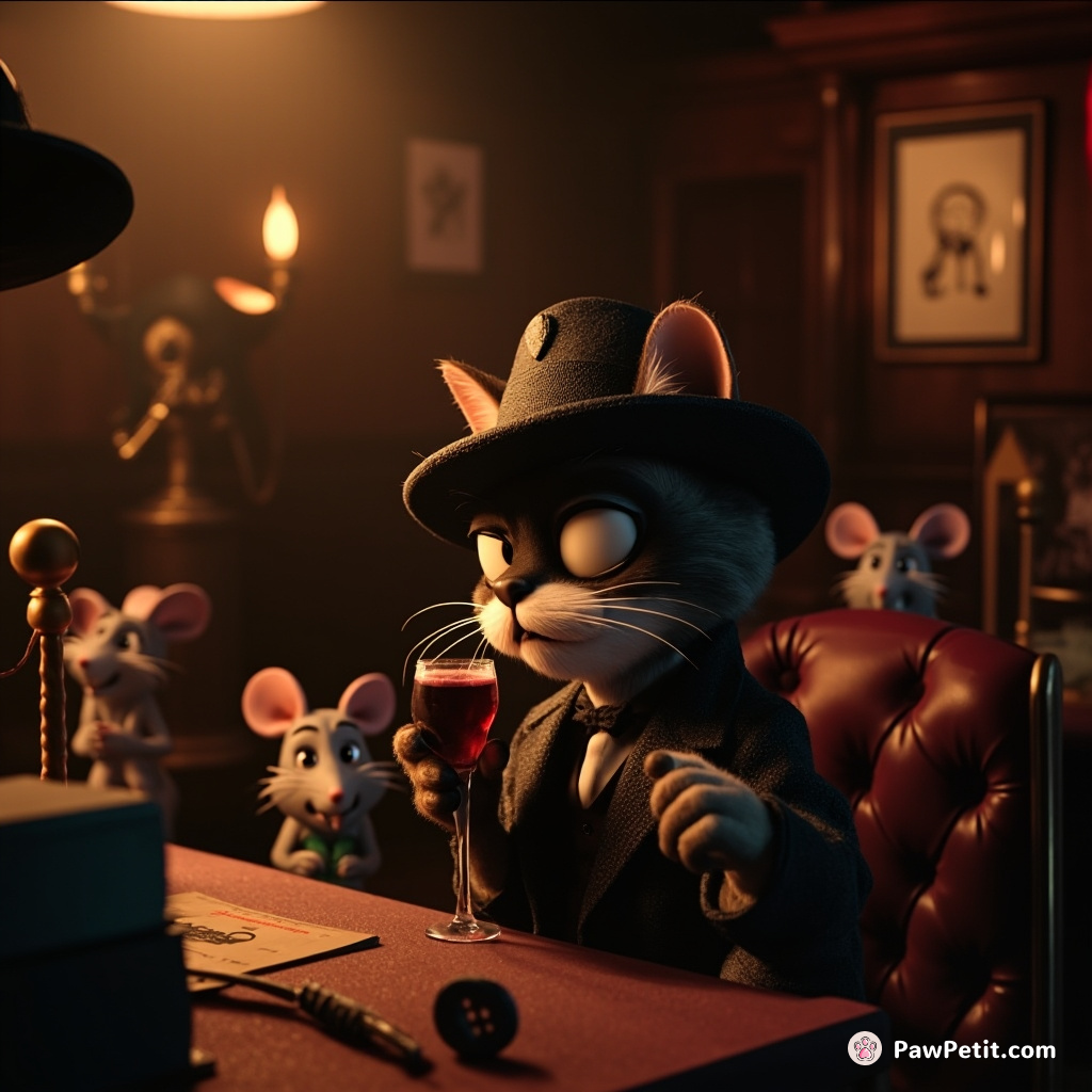A noir detective cat sipping a cocktail in a smoky speakeasy, surrounded by jazz-playing mice.