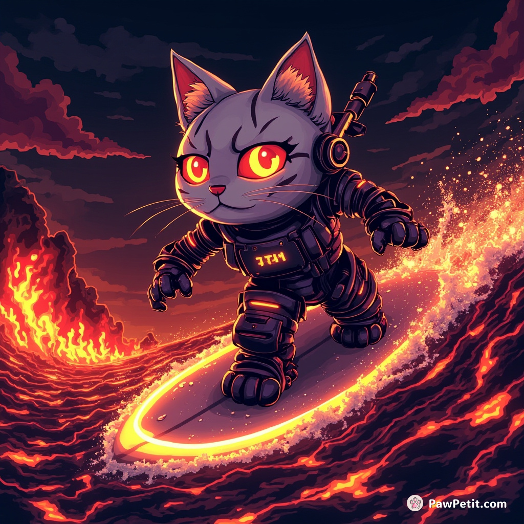 Cybernetic cat with glowing neon stripes, surfing a tidal wave of molten lava in a pixelated 8-bit retro video game universe.