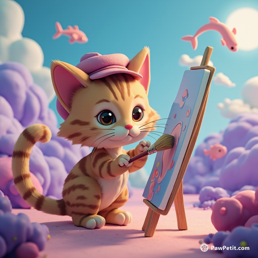 A beret-wearing cat delicately painting a surreal landscape with purple clouds and flying fish using an impossibly long tail as brush.