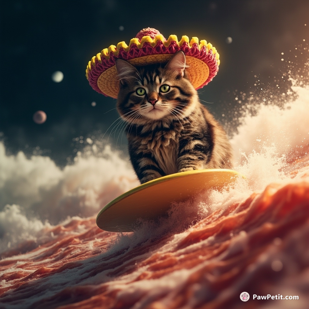 Cat surfing a bacon wave in space, wearing an oversized neon sombrero.