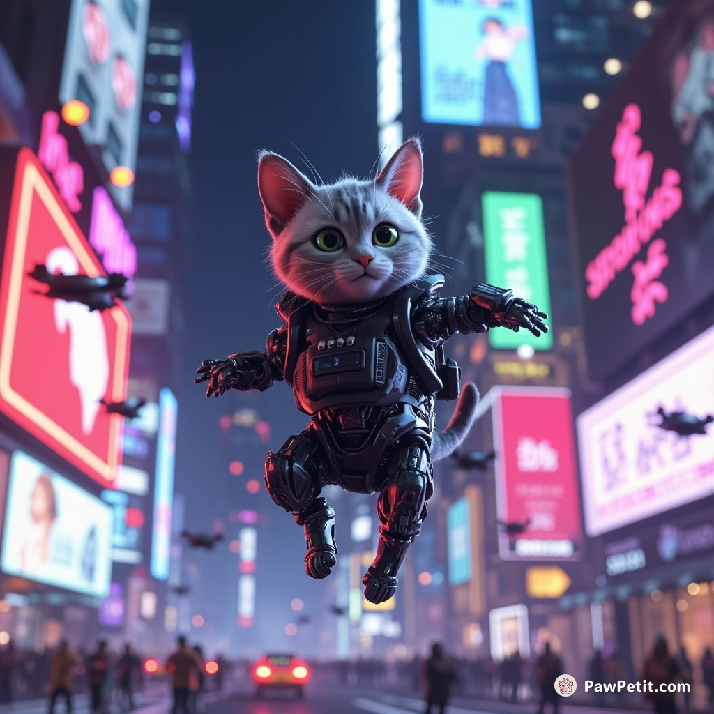 A sleek cybernetic cat leaps across neon billboards, its tail hacking into the city's network as it dodges autonomous drones.