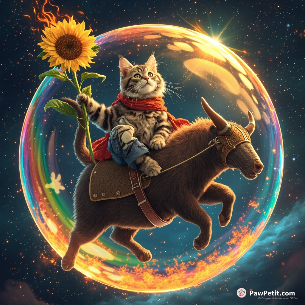 A cat riding an anteater while balancing a flaming sunflower on its tail, inside of a rainbow bubble in space.
