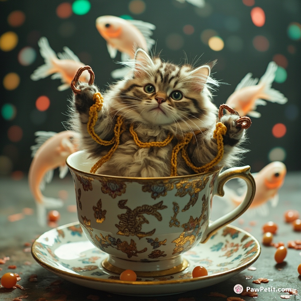 Cat lifting weights with noodle arms while floating in a giant space teacup, surrounded by spectral fish disco-dancing under a sprinkle jellybean rain.