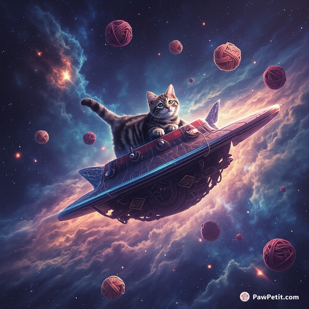 Cybernetic spaceship cat soaring elevate within a top-hat shaped nebula, gamely casting holographic yarn balls at intergalactic comets.