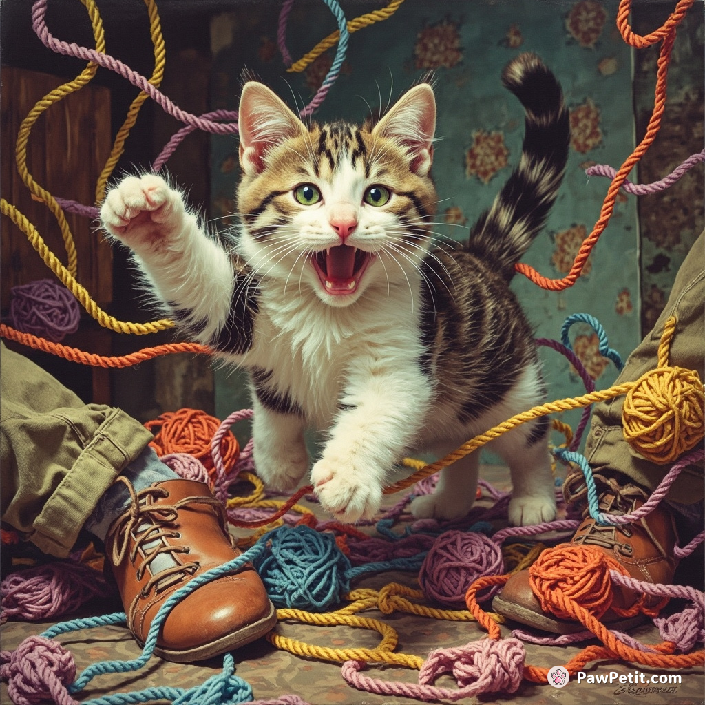 The cat leaps wildly, paws flailing, as it tries to escape the chaotic tangle of yarn and human feet.