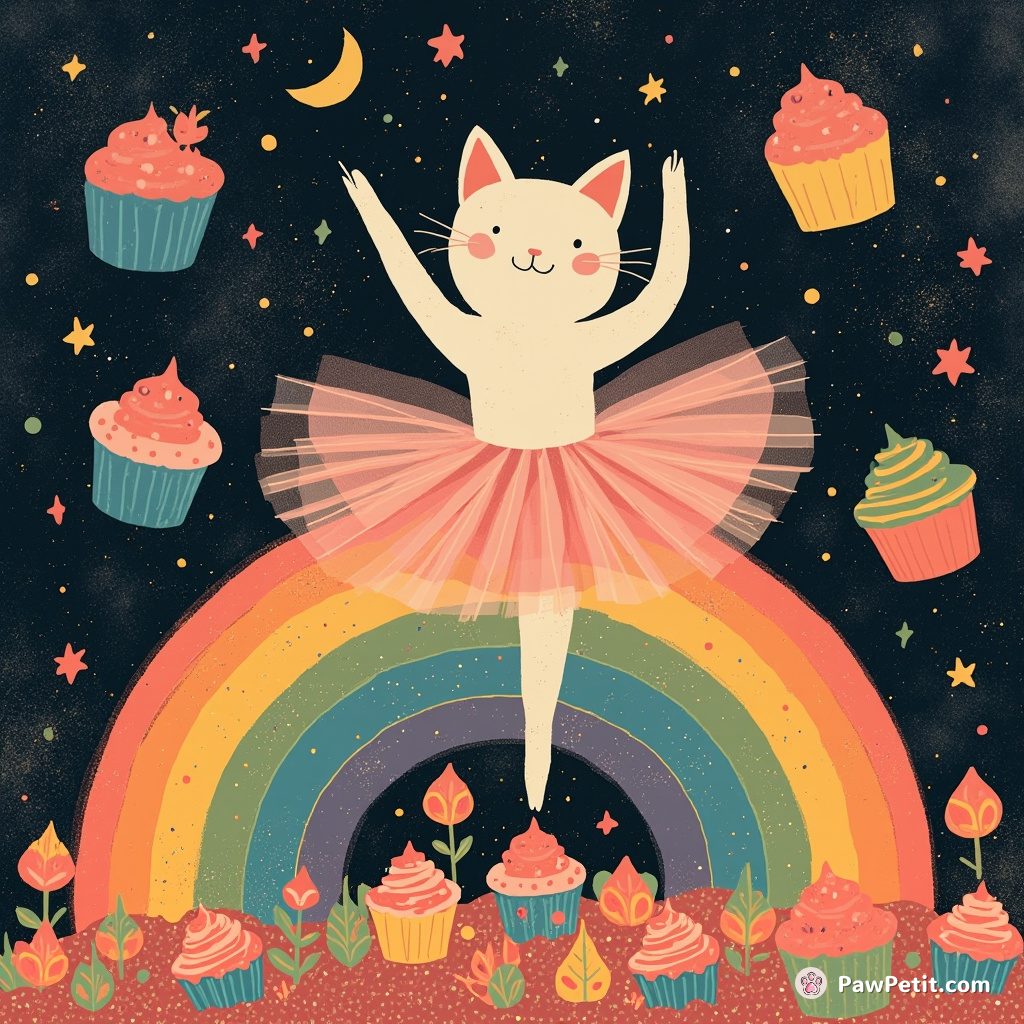 A giant cat ballerina pirouetting atop a vibrant rainbow sprouting growing cupcakes in a whimsical galaxy.