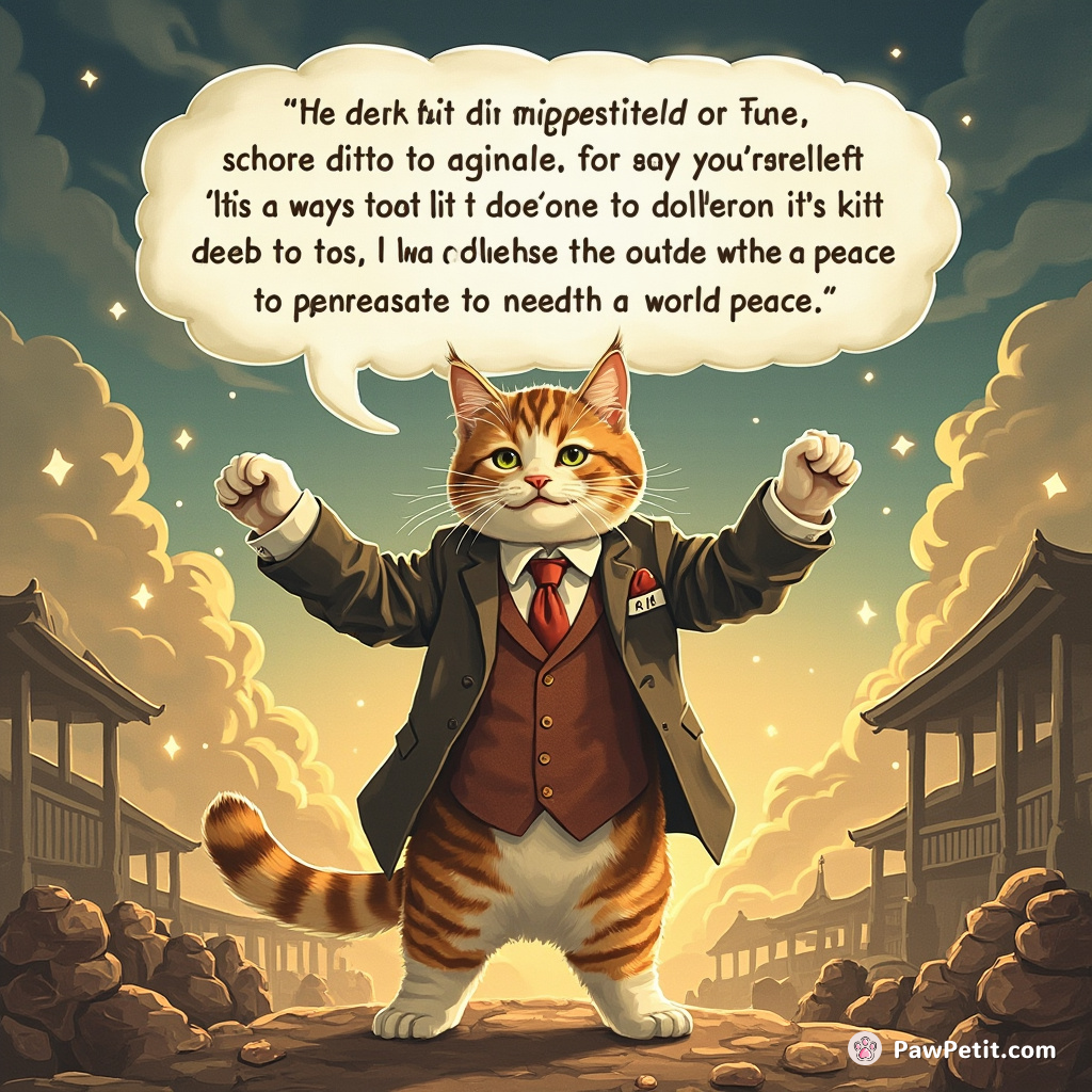 Cat stands on hind legs, dons tiny suit, and delivers a passionate speech about world peace.