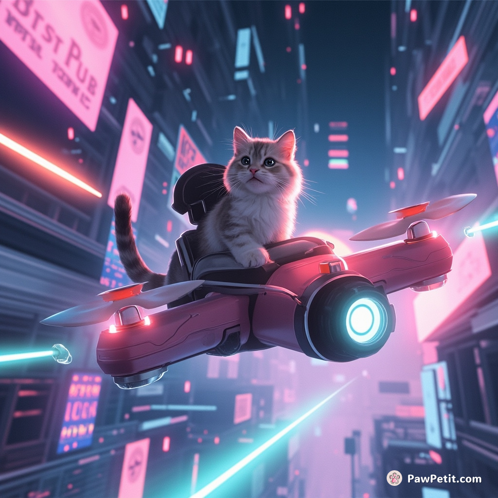 A cat zips through a floating city, riding on a neon-lit drone-bot, deftly dodging holographic ads and laser beams.