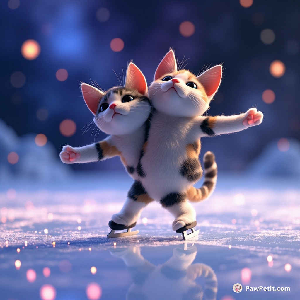 A three-headed calico cat doing figure-skating on a glistening cosmic ice rink dotted with tiny supernovas.
