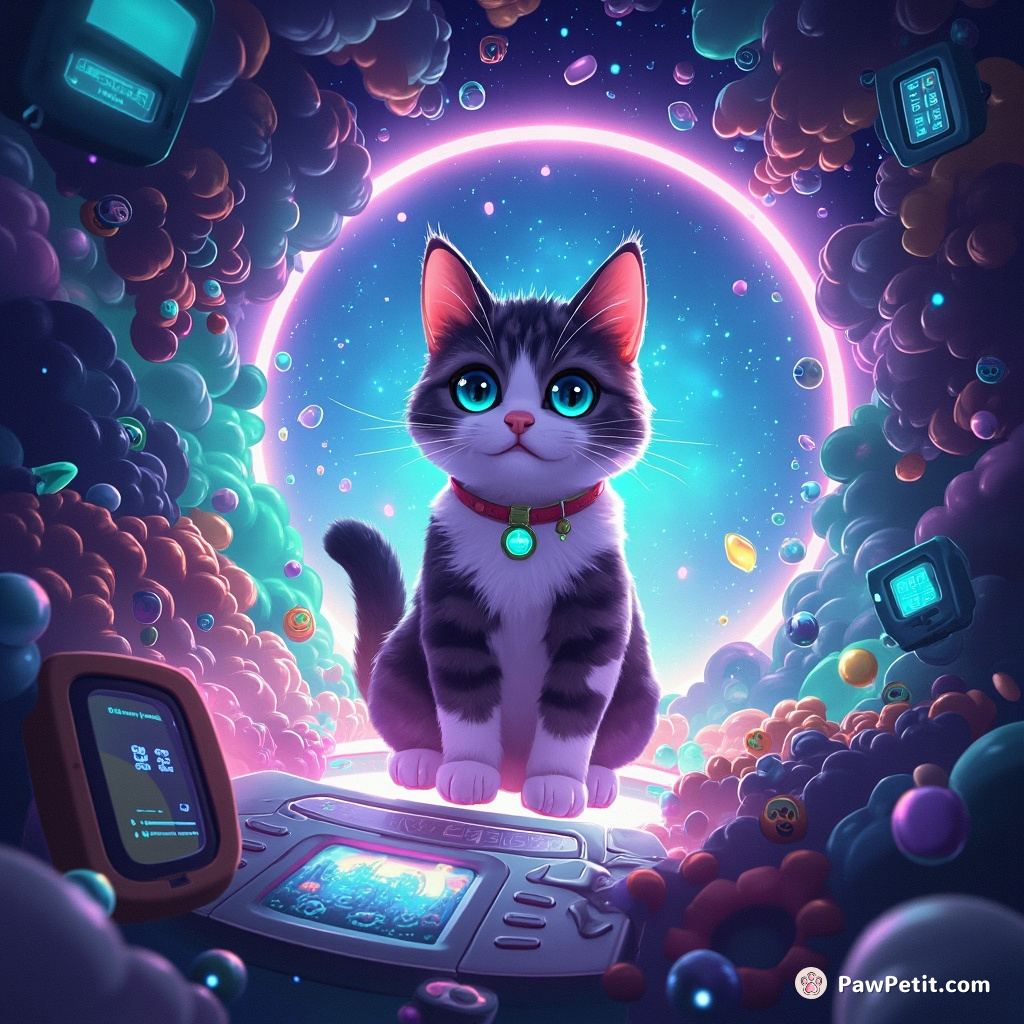 In LucentCyberspace, a digital cat named Pixel skillfully hijacks interface portals, altering the realm's every hue and perspective.