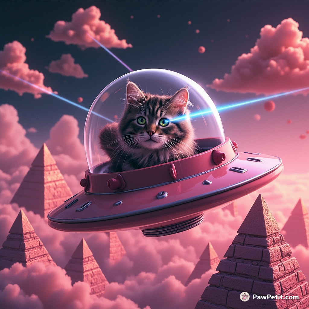 Cat piloting a flying saucer over alien pyramids, while battling octopus-clouds with lasers from its eyes.