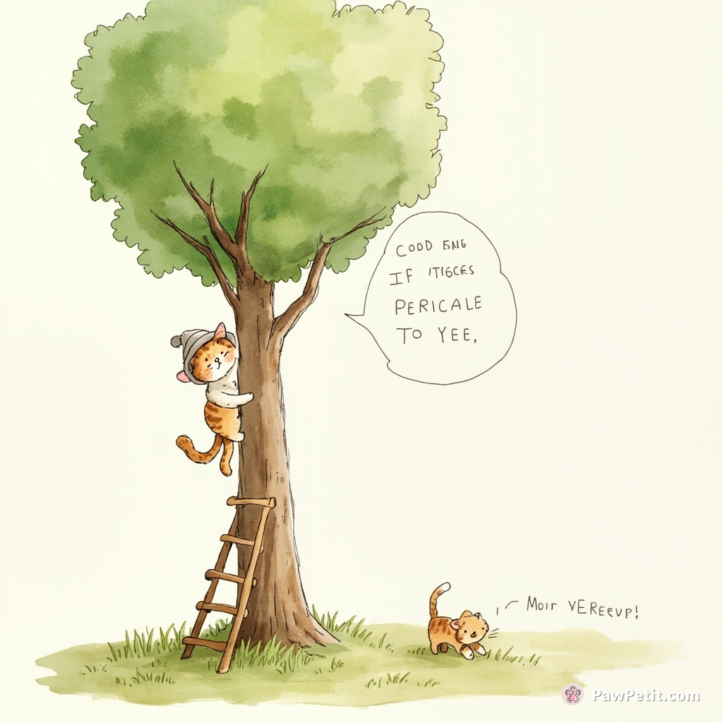 Cat dons tiny hat, scales tree like Everest, meows triumphantly from the top, then demands a ladder down.