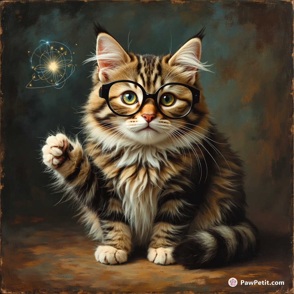 Fluffy the cat, donning glasses, lectures humans on quantum physics, swishing tail for emphasis.