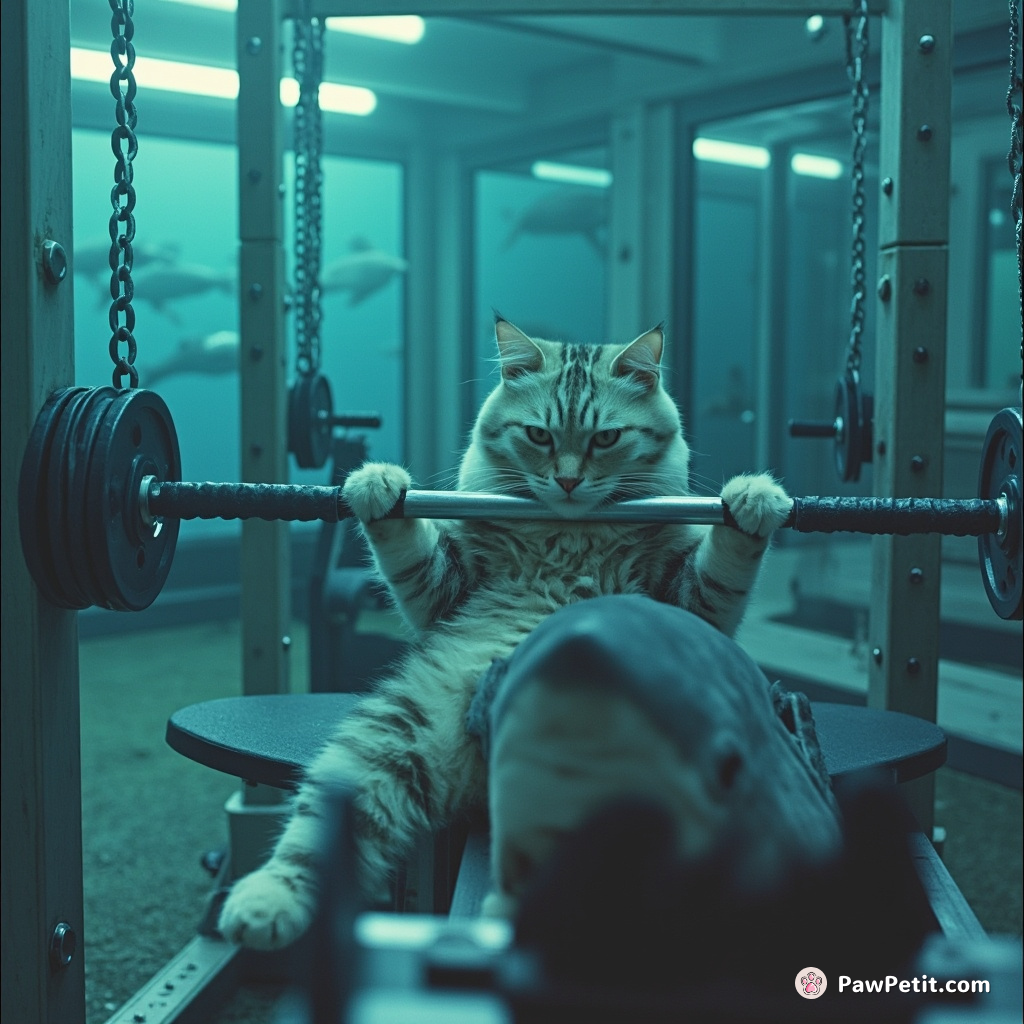 Cat bench-pressing a shark in an underwater gym.