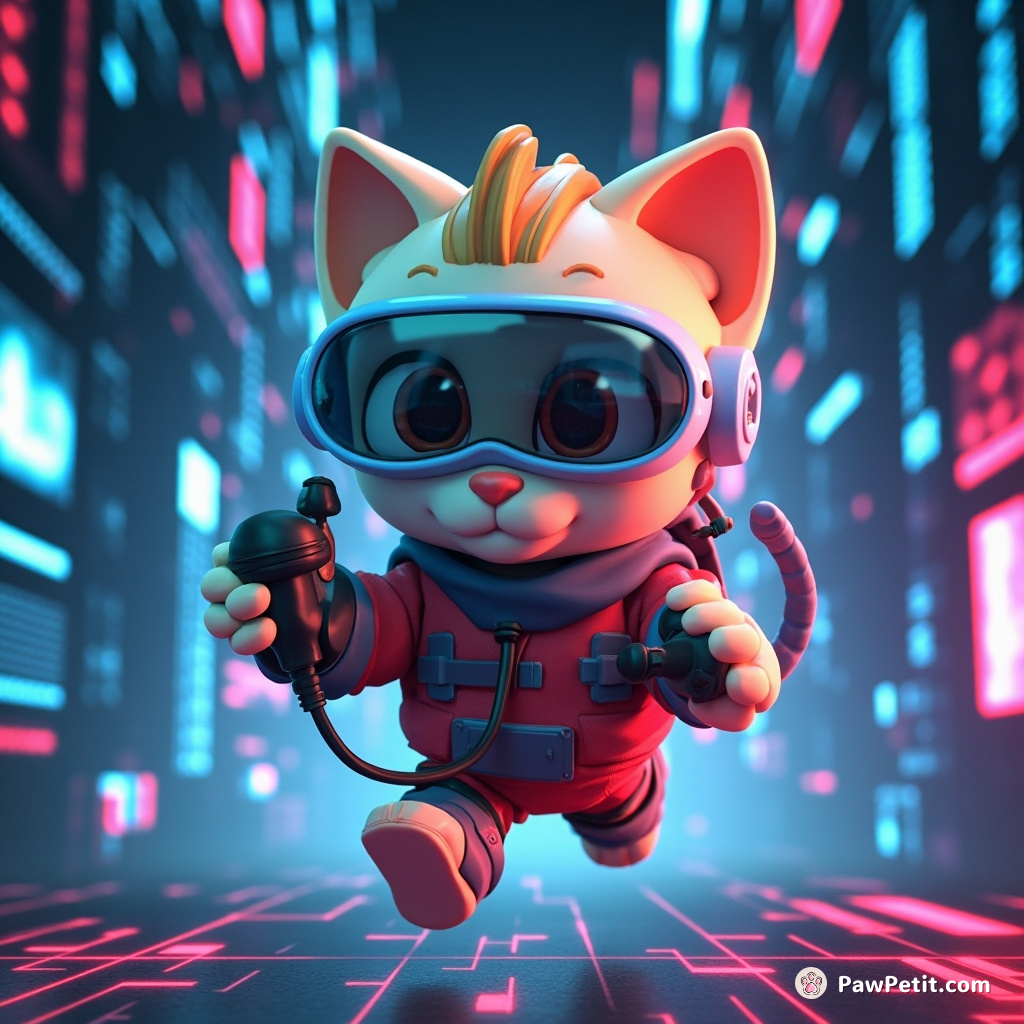 Inside the digital realm, the techno-feline executes a joystick-wielded 'Quantum Leap', navigating codes like game levels with nimbified grace.