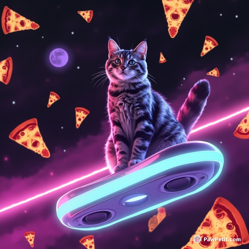 A cat riding a neon hoverboard through a galaxy filled with pizza-shaped stars.