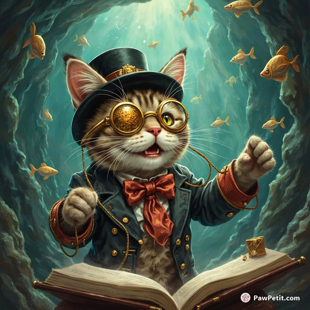 Steampunk cat with gold-plated fish bone monocle, exquisitely conducting an orchestra of floating musical instruments amidst an underwater cave, sporting alternating expressions of intensity and joy on its whiskers.