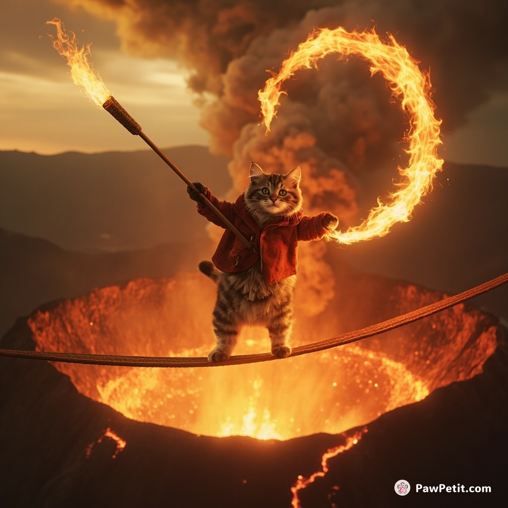 Cat, twirling a flaming baton while walking on a rope high above an active volcano filled with caramel.