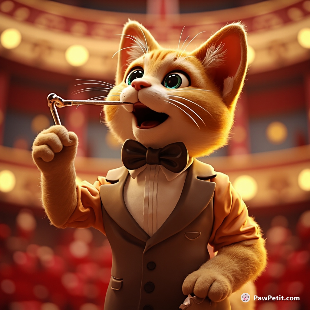 Purrchasing whistle and bow tie, Sir Whiskers became a professional 'catnductor' orchestrating meow symphonies in an imaginary feline opera house.