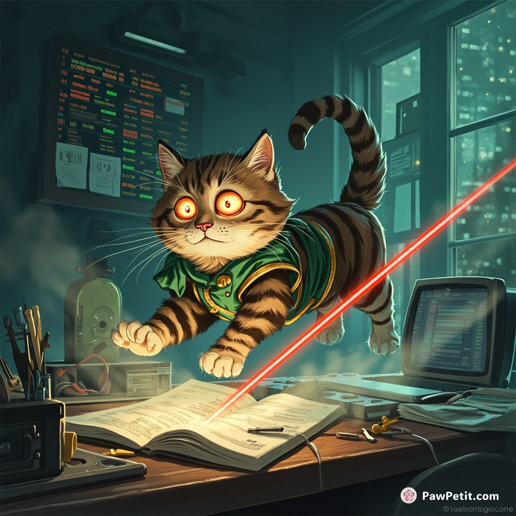 Eccentric cat pounces on operations desk, chasing laser pointer, unwittingly executing a million-dollar stock transaction.