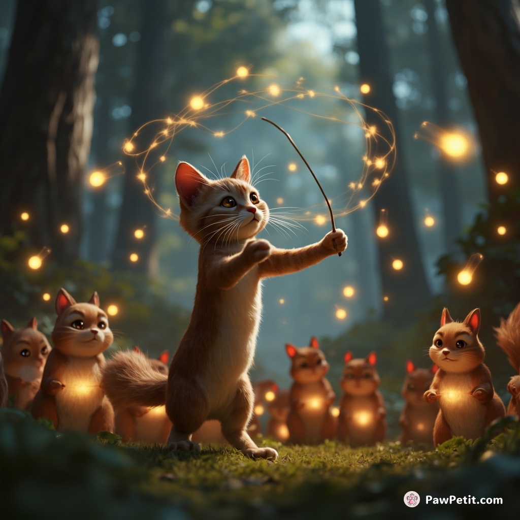 A cat conducting a symphony of squirrels in an enchanted forest using glowing light tendrils for batons.