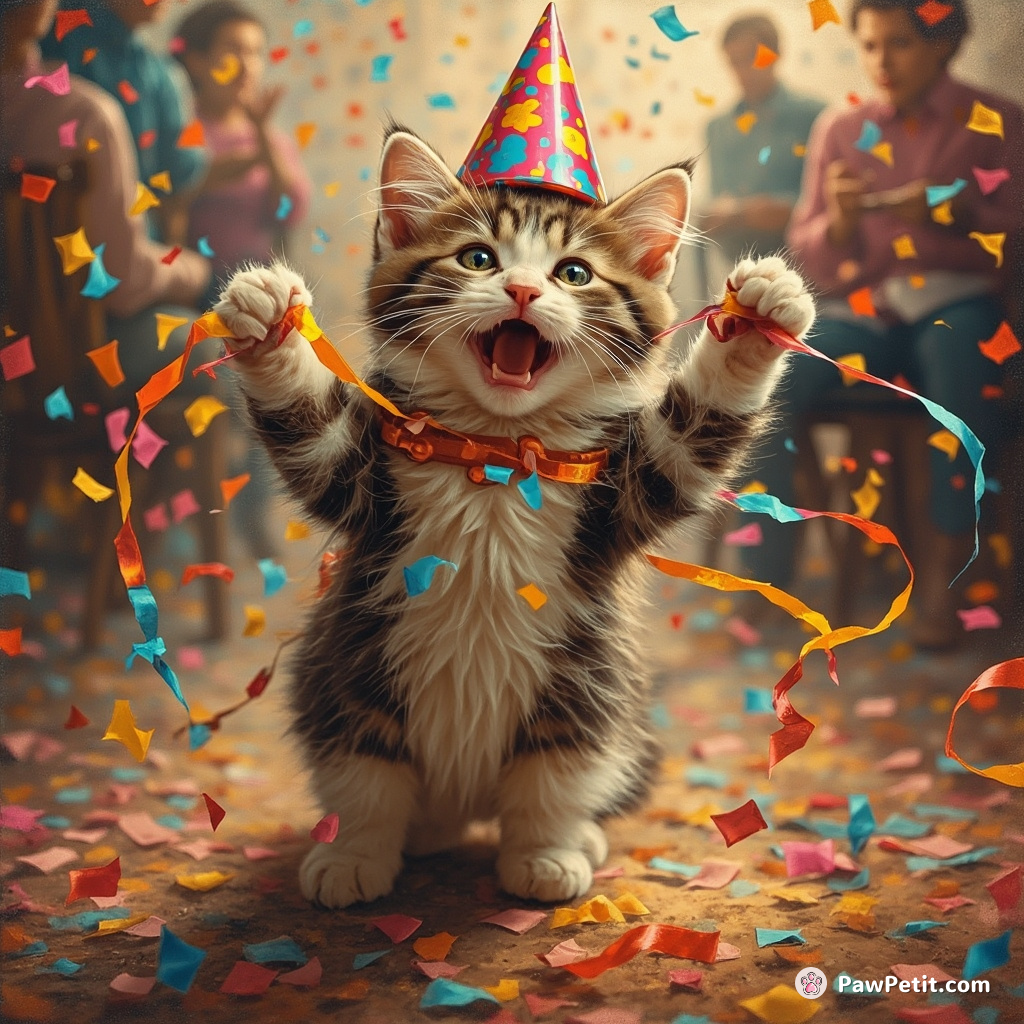 In the midst of a bustling birthday party, the cat wildly unfurls a spool of festive decorations, scattering confetti everywhere.