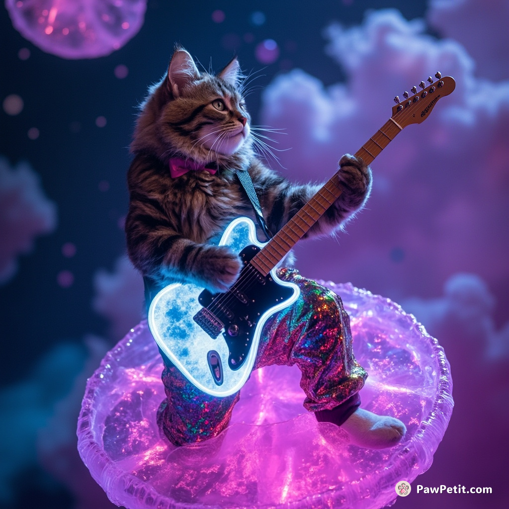 Cat performing a rock concert on a neon-purple, floating jellyfish in bubbly outer space, wearing itchy rainbow sequin trousers, wielding a crystalline guitar made of moonlight.