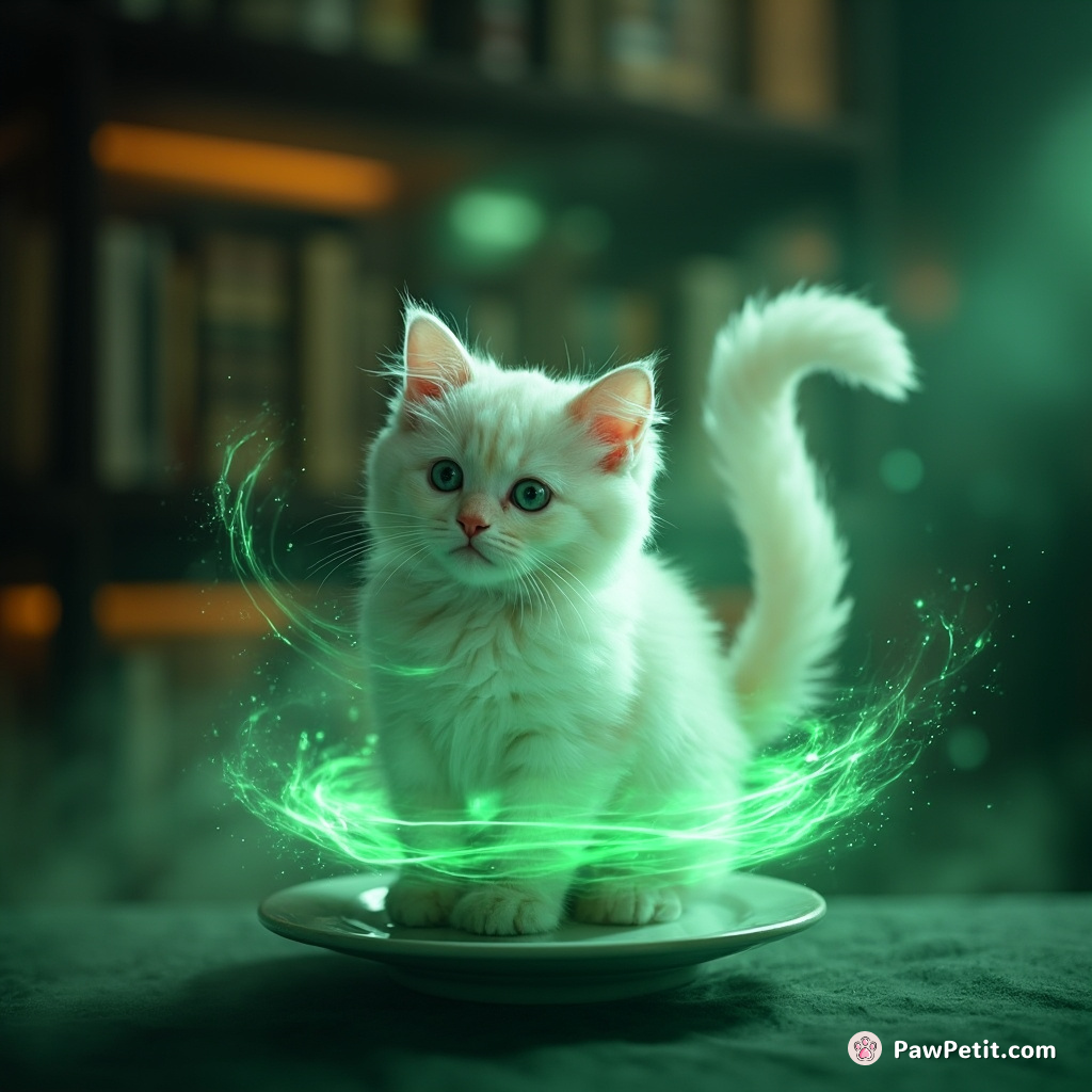 A pearlescent cat weaving an emerald ethereal spell with its silk-like, waving tail on a levitating saucer inside a photo-realistic holographic space library.