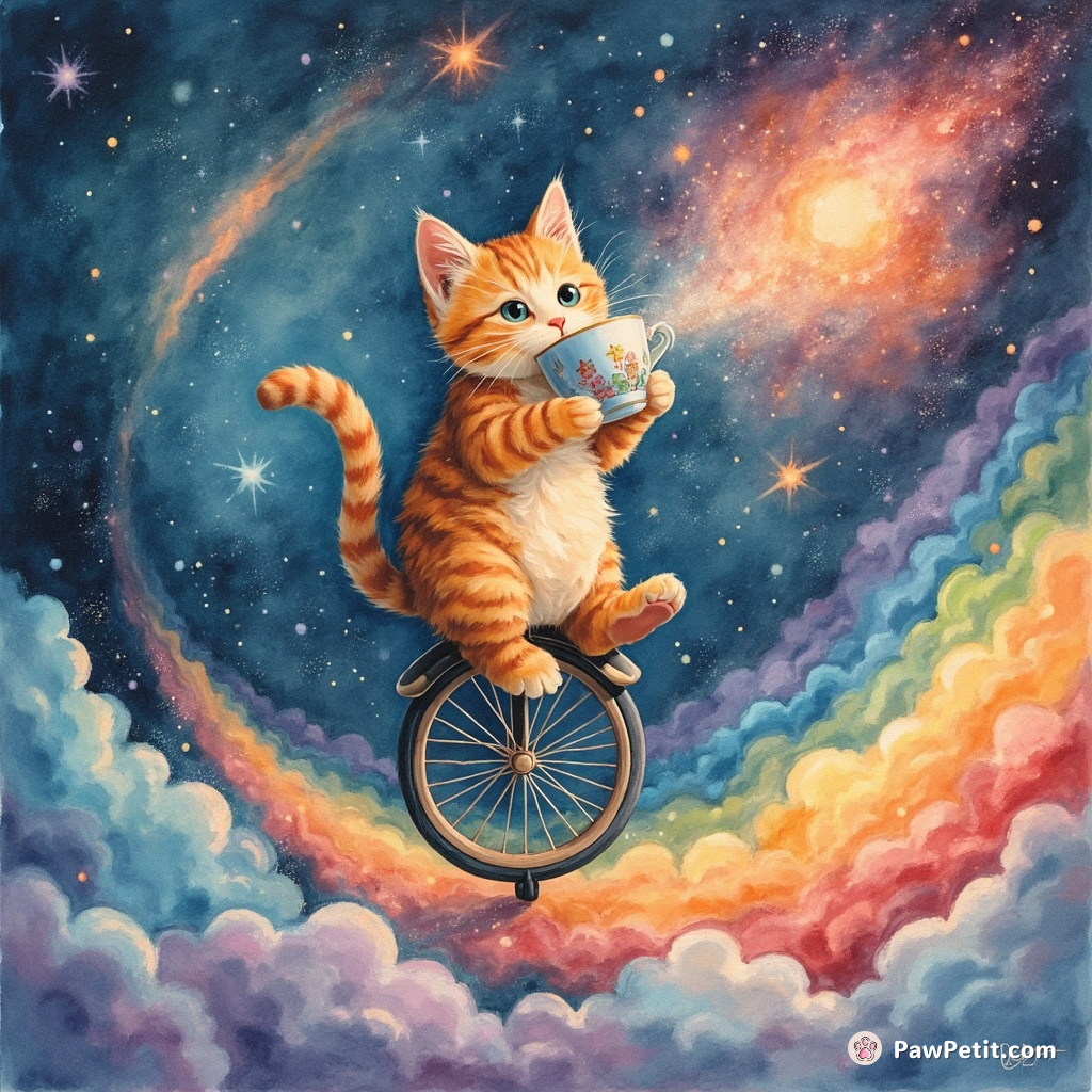 A cat sipping nebulae from a cosmic teacup while riding a unicycle on top of a speeding rainbow comet.