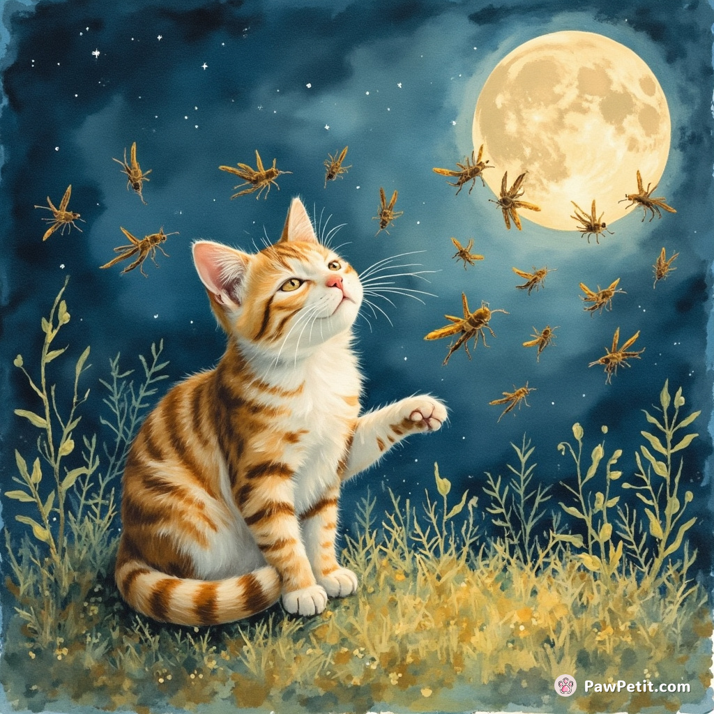 A cat conducting a chorus of chirping crickets under a double moon.