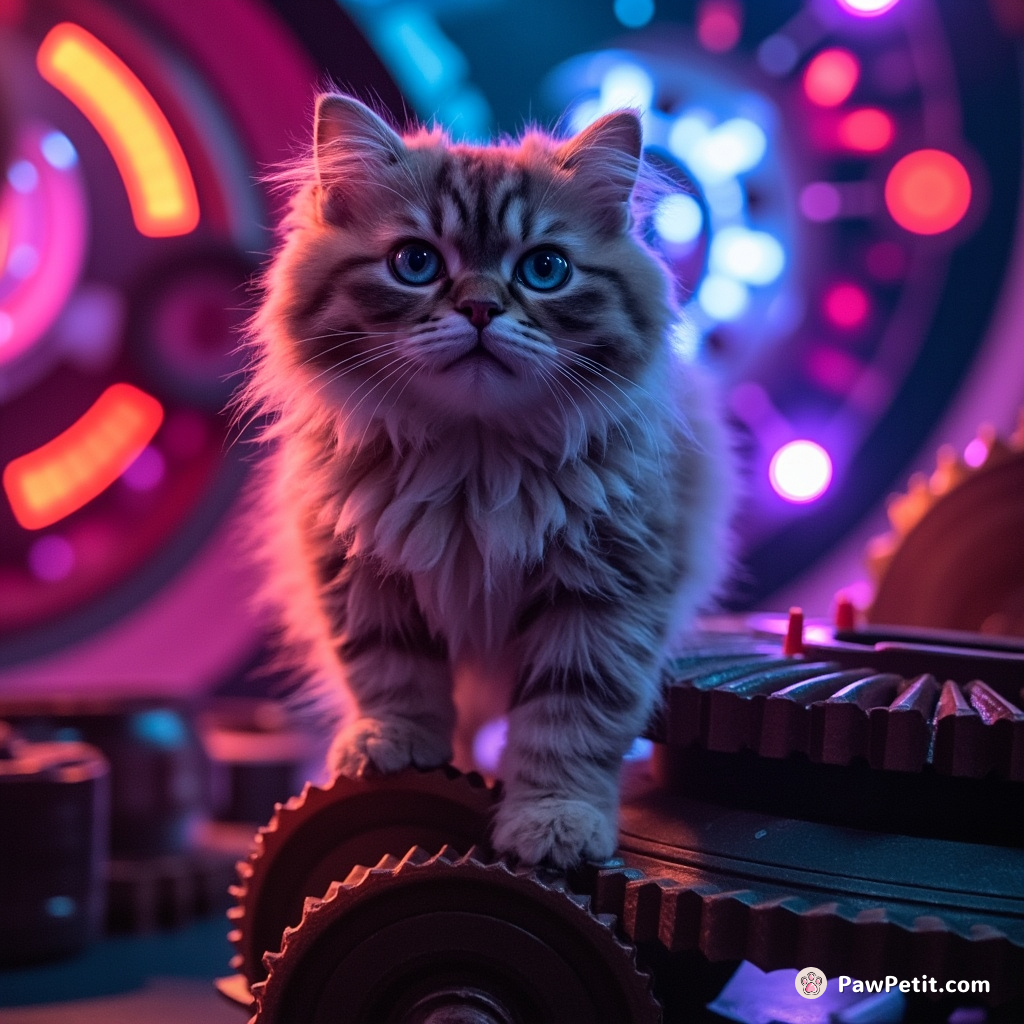 In unearthly neon glows, Space-Cat leaped fearlessly onto pulsating gears of the gargantuan time-warping contraption.